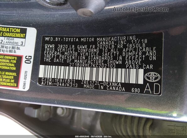 2T1BURHE7KC202103 2019 TOYOTA COROLLA Gray Widok komory silnika