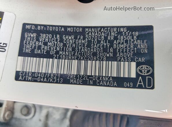 2T1BURHE7KC208578 2019 TOYOTA COROLLA Black Vista de la etiqueta del VIN