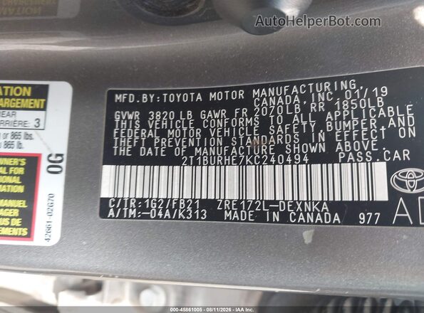 2T1BURHE7KC240494 2019 TOYOTA COROLLA Gray ძრავის განყოფილების ხედი