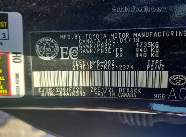 2T1BURHE7KC242374 2019 TOYOTA COROLLA Black Engine compartment view