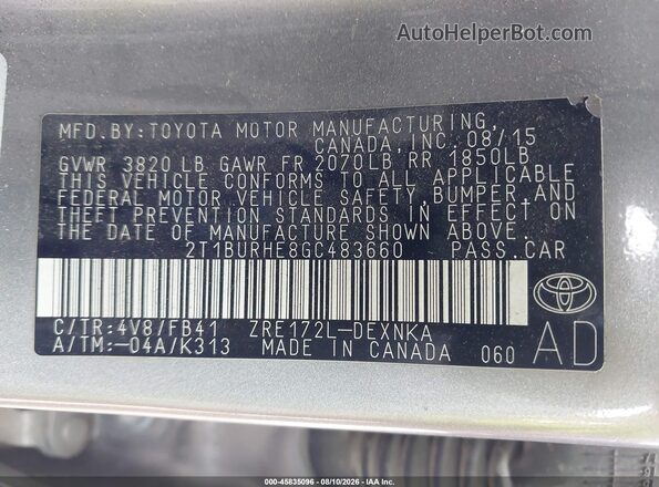 2T1BURHE8GC483660 2016 TOYOTA COROLLA Gold Vista del compartimento del motor