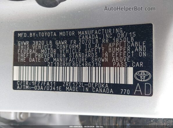 2T1BURHE8GC486316 2016 TOYOTA COROLLA Silver Вид підкапотного простору