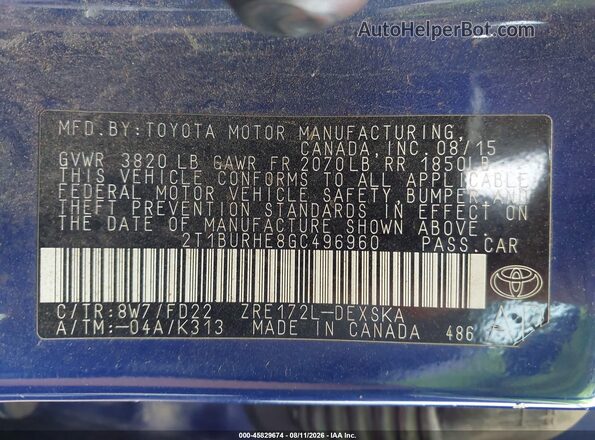2T1BURHE8GC496960 2016 TOYOTA COROLLA Синий Вид подкапотного пространства