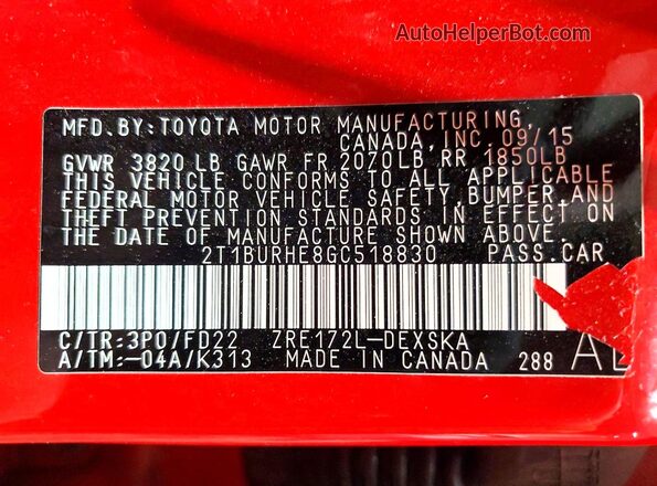 2T1BURHE8GC518830 2016 TOYOTA COROLLA Red Вид підкапотного простору