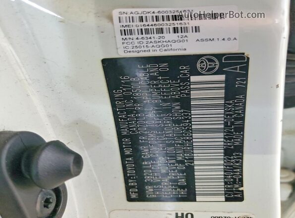 2T1BURHE8GC594337 2016 TOYOTA COROLLA White Vista de la etiqueta del VIN