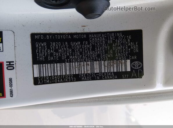 2T1BURHE8GC714279 2016 TOYOTA COROLLA White ძრავის განყოფილების ხედი