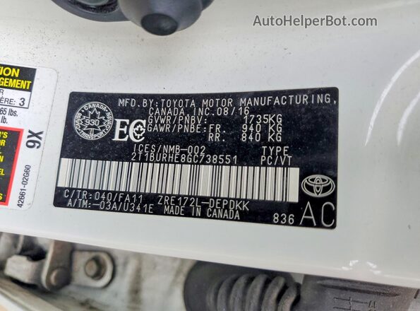 2T1BURHE8GC738551 2016 TOYOTA COROLLA White Вид наклейки з VIN-кодом