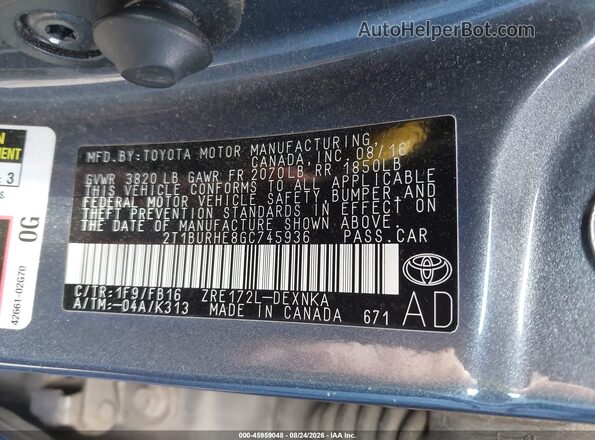 2T1BURHE8GC745936 2016 TOYOTA COROLLA Синий Вид подкапотного пространства