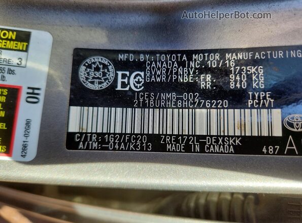 2T1BURHE8HC776220 2017 TOYOTA COROLLA Gray VIN sticker view
