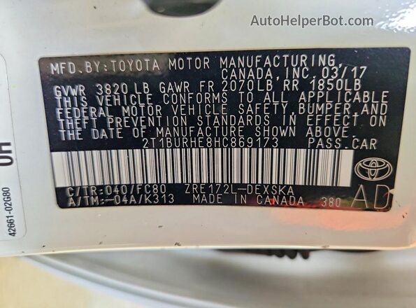 2T1BURHE8HC869173 2017 TOYOTA COROLLA White Engine compartment view