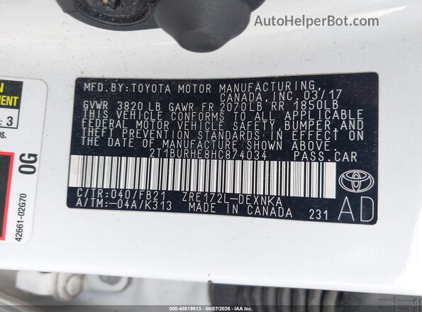 2T1BURHE8HC874034 2017 TOYOTA COROLLA White Widok komory silnika