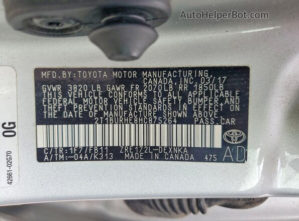 2T1BURHE8HC875264 2017 TOYOTA COROLLA Silver VIN კოდის სტიკერის ხედი