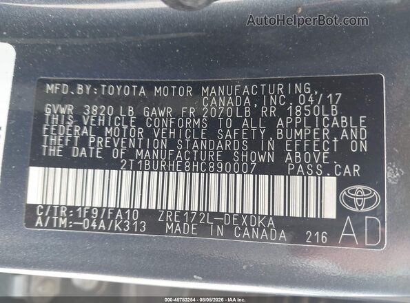 2T1BURHE8HC890007 2017 TOYOTA COROLLA Gray Widok komory silnika