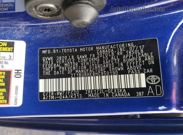 2T1BURHE8HC950190 2017 TOYOTA COROLLA Синий Вид подкапотного пространства