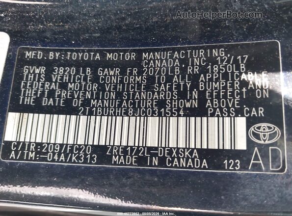 2T1BURHE8JC031554 2018 TOYOTA COROLLA Black ძრავის განყოფილების ხედი