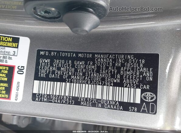 2T1BURHE8JC047964 2018 TOYOTA COROLLA Серый Вид подкапотного пространства