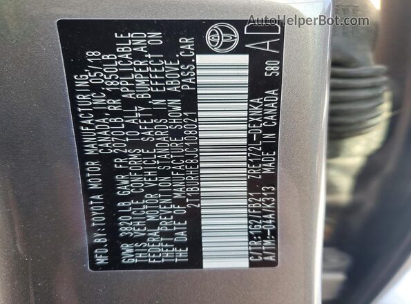 2T1BURHE8JC108021 2018 TOYOTA COROLLA Серый Вид подкапотного пространства