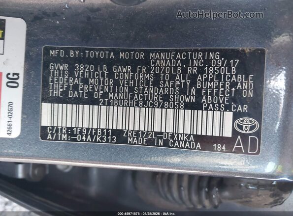 2T1BURHE8JC978058 2018 TOYOTA COROLLA Blue Вид підкапотного простору