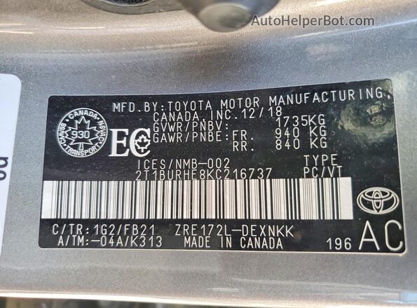2T1BURHE8KC216737 2019 TOYOTA COROLLA Gray Вид підкапотного простору