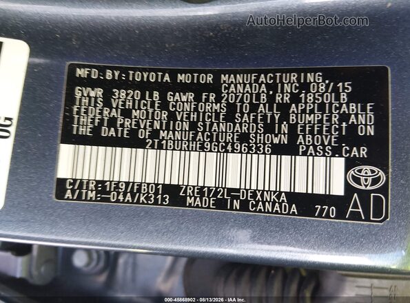 2T1BURHE9GC496336 2016 TOYOTA COROLLA Серый Вид подкапотного пространства
