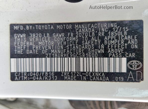 2T1BURHE9GC581600 2016 TOYOTA COROLLA White Vista del compartimento del motor