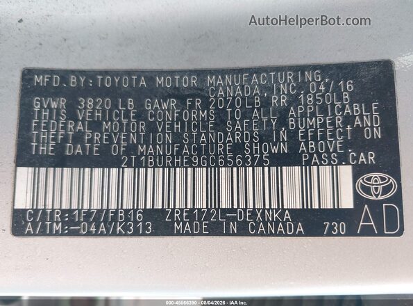 2T1BURHE9GC656375 2016 TOYOTA COROLLA Silver Widok komory silnika