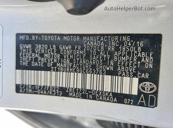 2T1BURHE9GC663763 2016 TOYOTA COROLLA Silver Engine compartment view