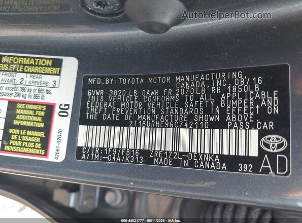 2T1BURHE9GC742110 2016 TOYOTA COROLLA Gray Engine compartment view