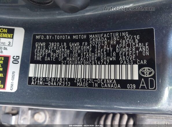 2T1BURHE9HC814747 2017 TOYOTA COROLLA Gray Vista del compartimento del motor