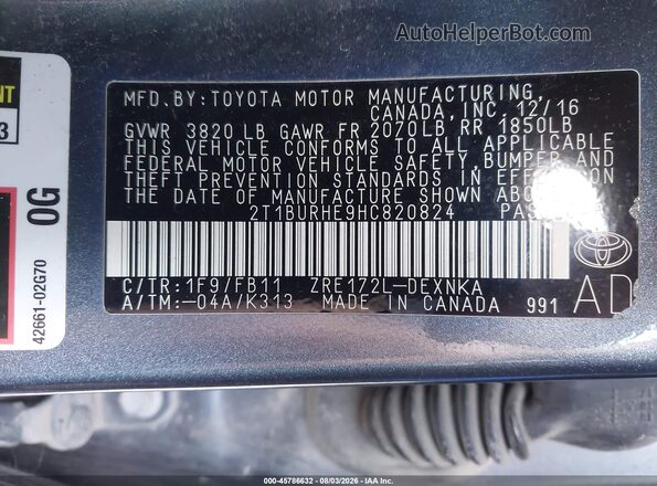 2T1BURHE9HC820824 2017 TOYOTA COROLLA Серый Вид подкапотного пространства