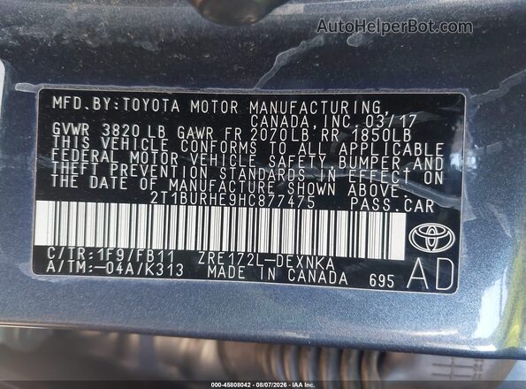2T1BURHE9HC877475 2017 TOYOTA COROLLA Серый Вид подкапотного пространства