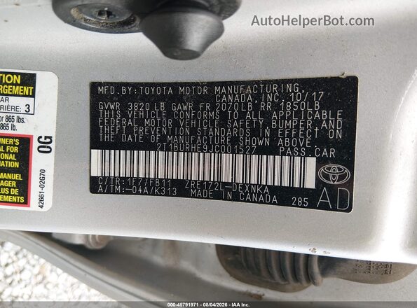 2T1BURHE9JC001527 2018 TOYOTA COROLLA Silver Շարժիչի բաժամունքի տեսք