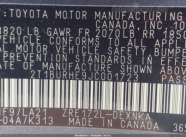 2T1BURHE9JC001723 2018 TOYOTA COROLLA Blue Widok komory silnika