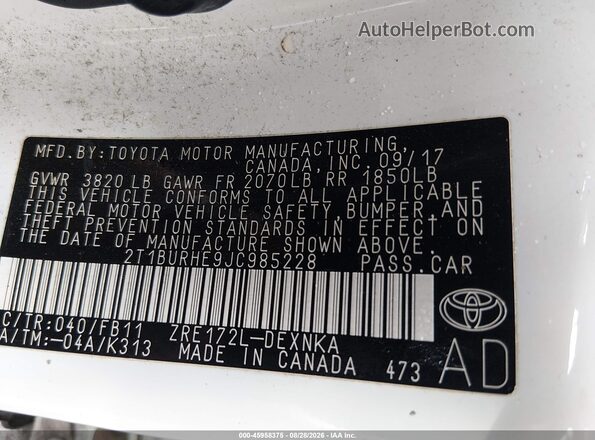 2T1BURHE9JC985228 2018 TOYOTA COROLLA White ძრავის განყოფილების ხედი