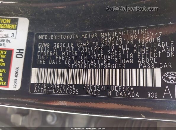 2T1BURHE9JC986699 2018 TOYOTA COROLLA Черный Вид подкапотного пространства