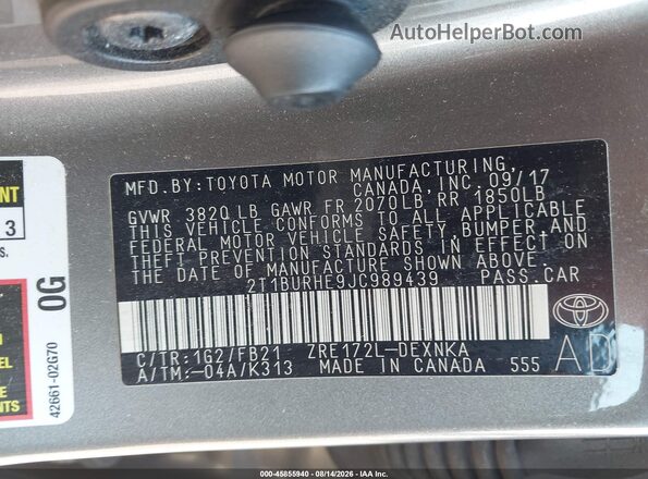 2T1BURHE9JC989439 2018 TOYOTA COROLLA Серый Вид подкапотного пространства
