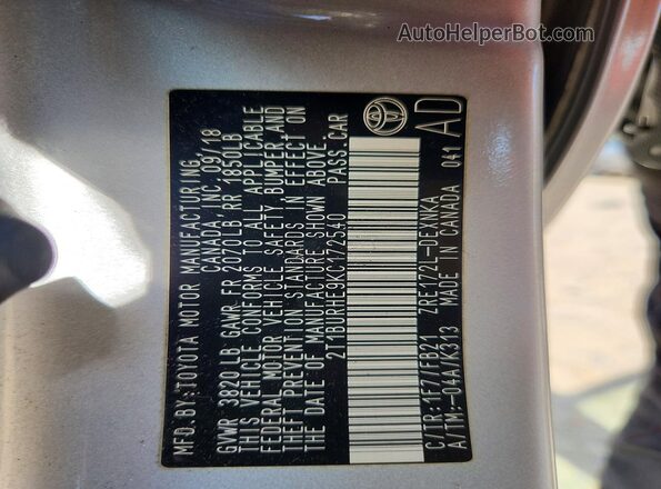 2T1BURHE9KC172540 2019 TOYOTA COROLLA Silver Widok komory silnika