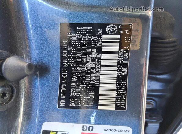2T1BURHE9KC177107 2019 TOYOTA COROLLA Blue Շարժիչի բաժամունքի տեսք