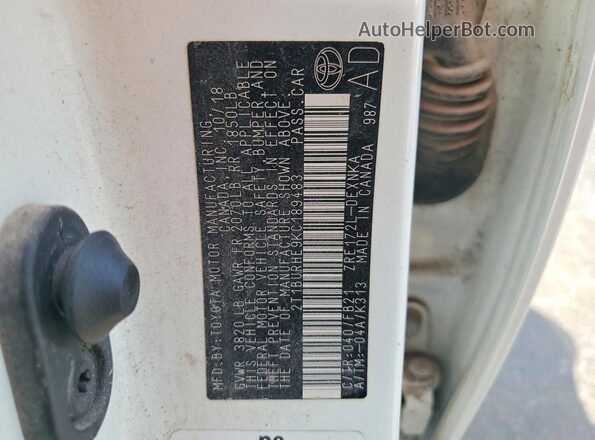 2T1BURHE9KC189483 2019 TOYOTA COROLLA White VIN sticker view