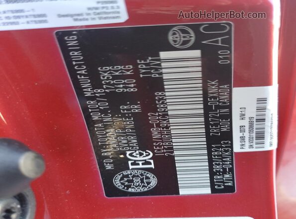 2T1BURHE9KC198538 2019 TOYOTA COROLLA Red Շարժիչի բաժամունքի տեսք