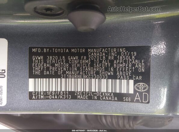 2T1BURHE9KC230033 2019 TOYOTA COROLLA Light Blue Շարժիչի բաժամունքի տեսք