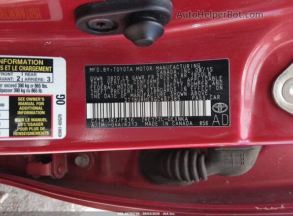 2T1BURHEXGC487385 2016 TOYOTA COROLLA Red Вид підкапотного простору