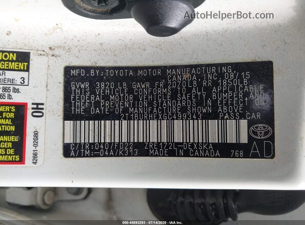 2T1BURHEXGC499343 2016 TOYOTA COROLLA White Widok komory silnika