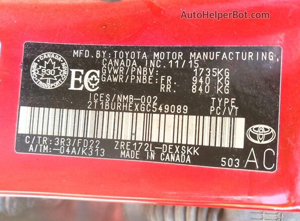 2T1BURHEXGC549089 2016 TOYOTA COROLLA Red Engine compartment view
