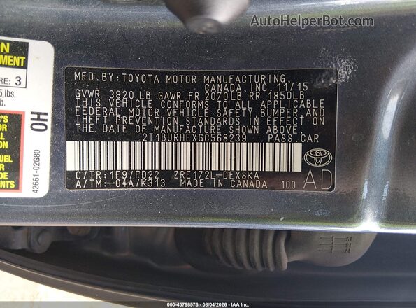 2T1BURHEXGC568239 2016 TOYOTA COROLLA Blue Շարժիչի բաժամունքի տեսք