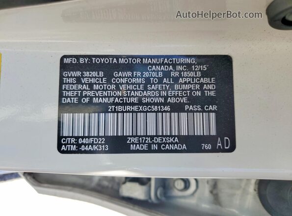 2T1BURHEXGC581346 2016 TOYOTA COROLLA White VIN sticker view