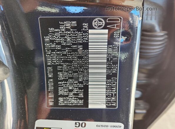 2T1BURHEXGC608206 2016 TOYOTA COROLLA Black VIN կոդի պիտակի տեսք