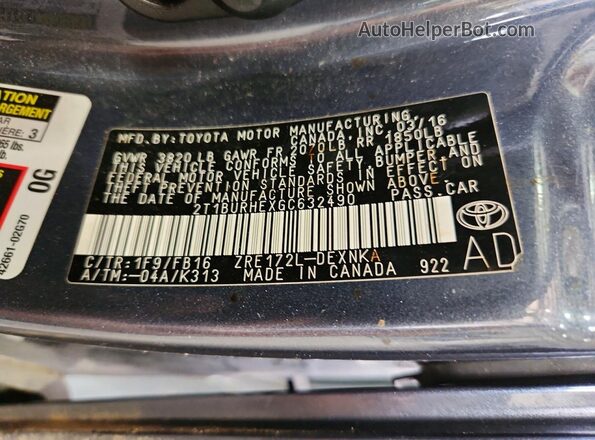 2T1BURHEXGC632490 2016 TOYOTA COROLLA Gray ძრავის განყოფილების ხედი