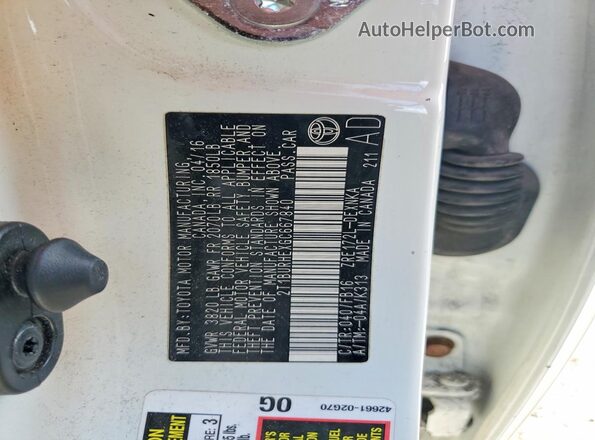 2T1BURHEXGC667840 2016 TOYOTA COROLLA White Շարժիչի բաժամունքի տեսք