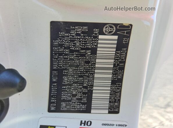 2T1BURHEXGC676800 2016 TOYOTA COROLLA White Vista de la etiqueta del VIN